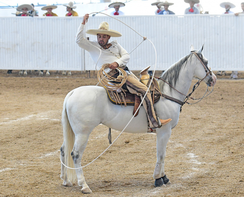 Miguel Israel Ordóñez Sosa sosteniendo un resorte cubriendo el anca de su cabalgadura durante la terna de Tres Regalos "Ixtul"
