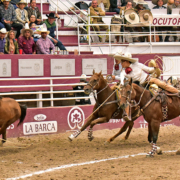 Alfredo Leal Zaragoza cuajando una de sus dos manganas a caballo para Rancho San Miguel