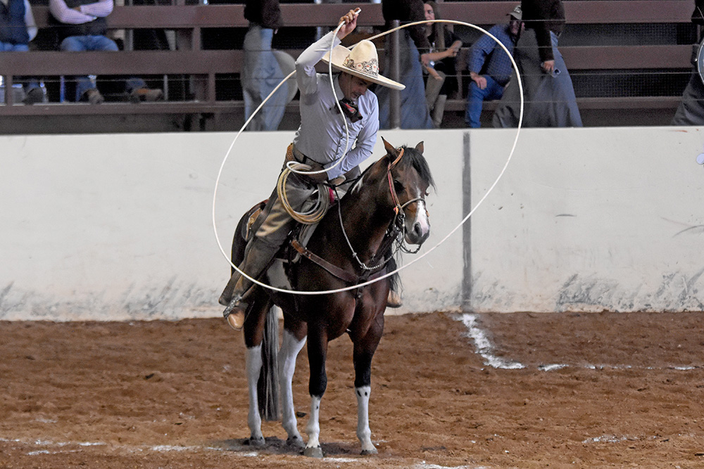 Manuel Ordoñez Castro sosteniendo un resorte cubriéndose a sí y la cabeza de su cabalgadura, durante la terna en el ruedo de Rancho Las Amazonas