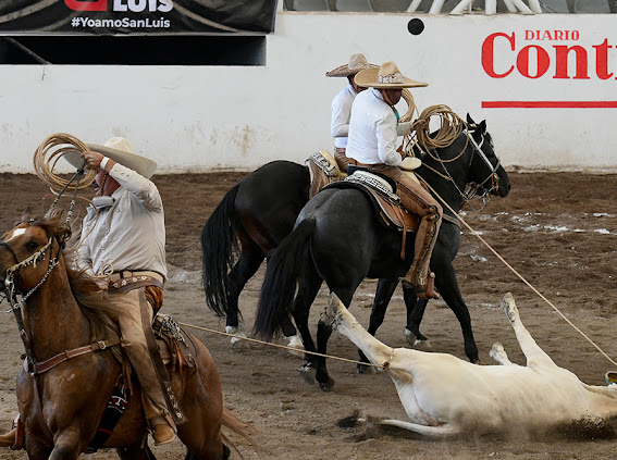 José Luis Chávez Tafoya y Moisés Vázquez Correa derriban al toro durante la terna en el ruedo de San José de Jocotitlán