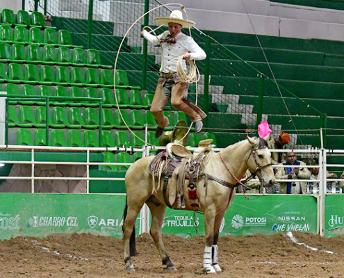 Ricardo Yáñez Vázquez ejecutando pasadas sobre el caballo durante la terna en el ruedo de los Regionales de Jalisco